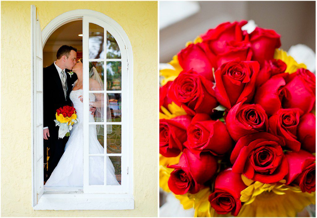 wedding pictures kissing couple window
